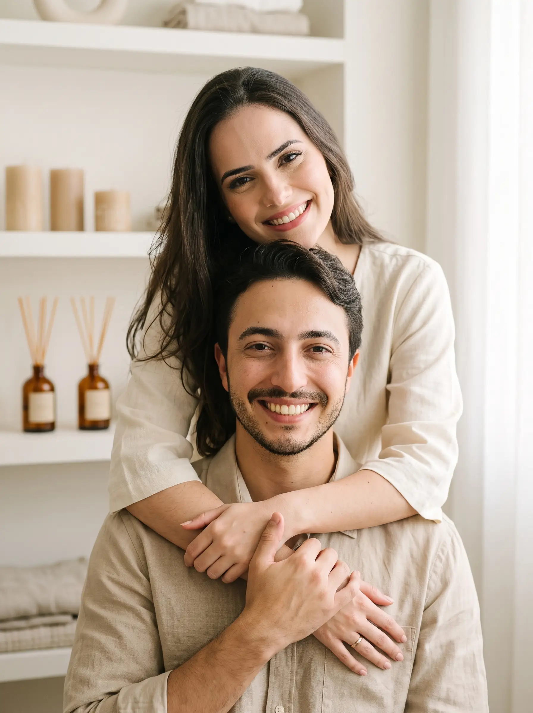 Casal fundador da SHINE no ateliê, com uma vela artesanal